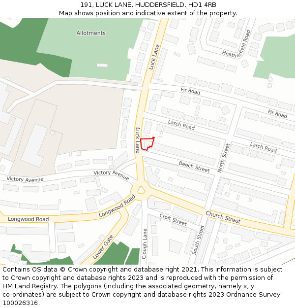 191, LUCK LANE, HUDDERSFIELD, HD1 4RB: Location map and indicative extent of plot