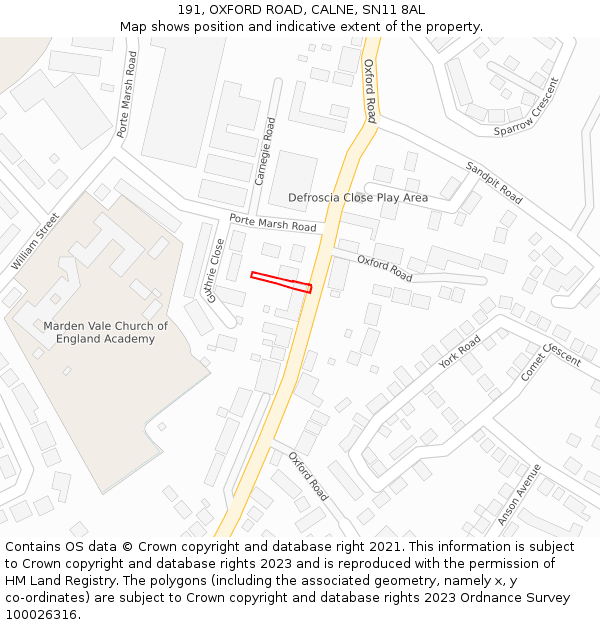 191, OXFORD ROAD, CALNE, SN11 8AL: Location map and indicative extent of plot