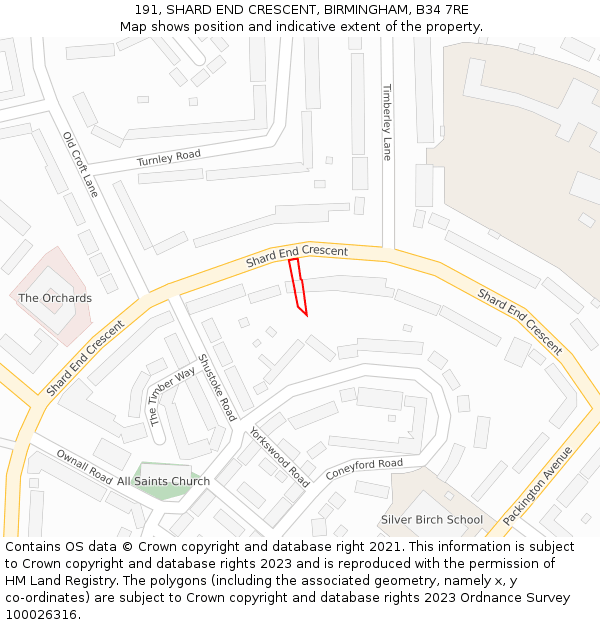 191, SHARD END CRESCENT, BIRMINGHAM, B34 7RE: Location map and indicative extent of plot