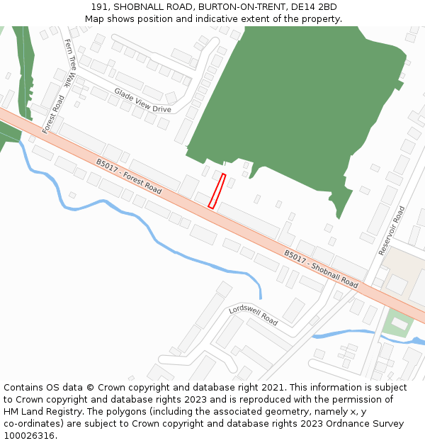 191, SHOBNALL ROAD, BURTON-ON-TRENT, DE14 2BD: Location map and indicative extent of plot