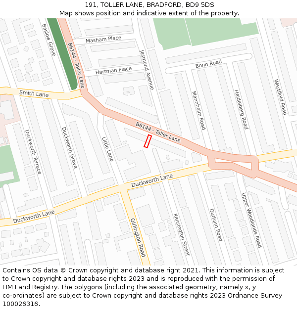 191, TOLLER LANE, BRADFORD, BD9 5DS: Location map and indicative extent of plot
