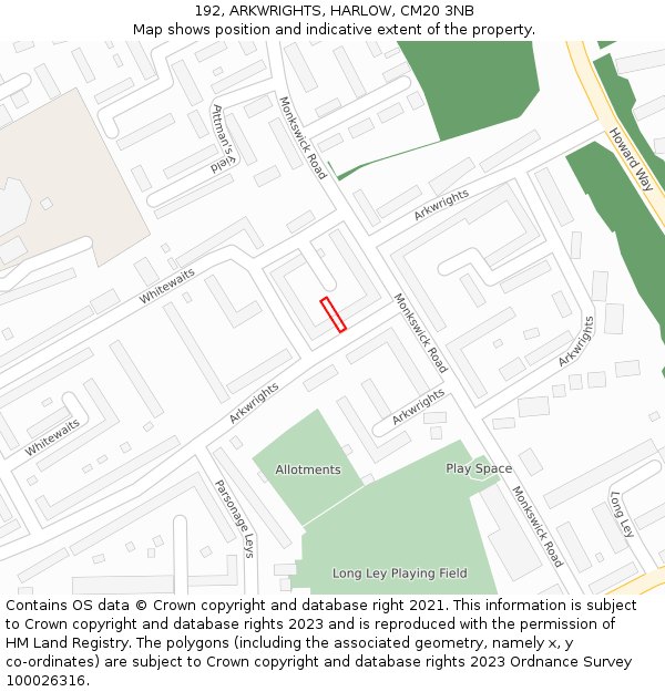 192, ARKWRIGHTS, HARLOW, CM20 3NB: Location map and indicative extent of plot