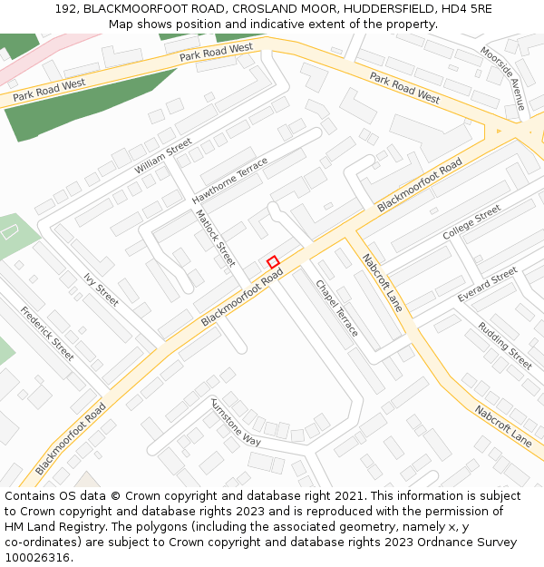 192, BLACKMOORFOOT ROAD, CROSLAND MOOR, HUDDERSFIELD, HD4 5RE: Location map and indicative extent of plot