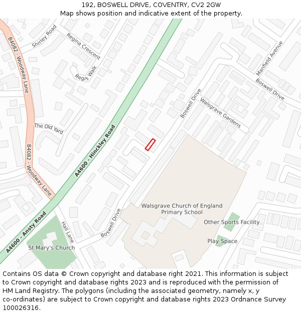 192, BOSWELL DRIVE, COVENTRY, CV2 2GW: Location map and indicative extent of plot