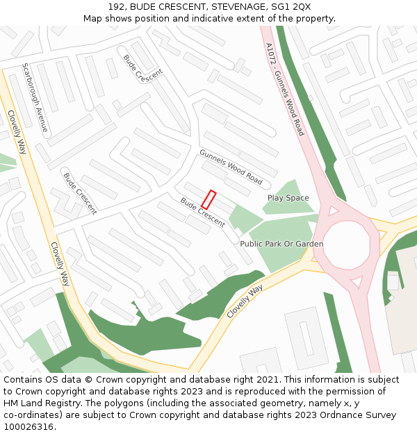 192, BUDE CRESCENT, STEVENAGE, SG1 2QX: Location map and indicative extent of plot