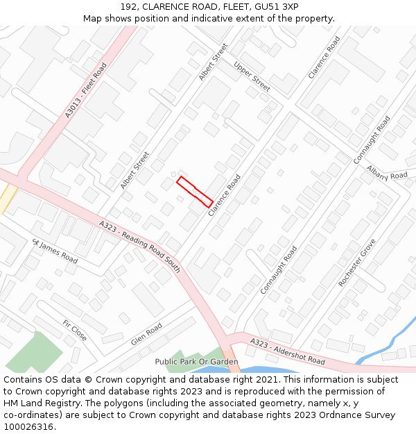 192, CLARENCE ROAD, FLEET, GU51 3XP: Location map and indicative extent of plot