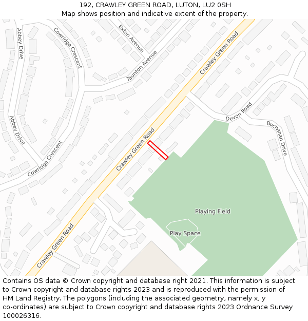 192, CRAWLEY GREEN ROAD, LUTON, LU2 0SH: Location map and indicative extent of plot