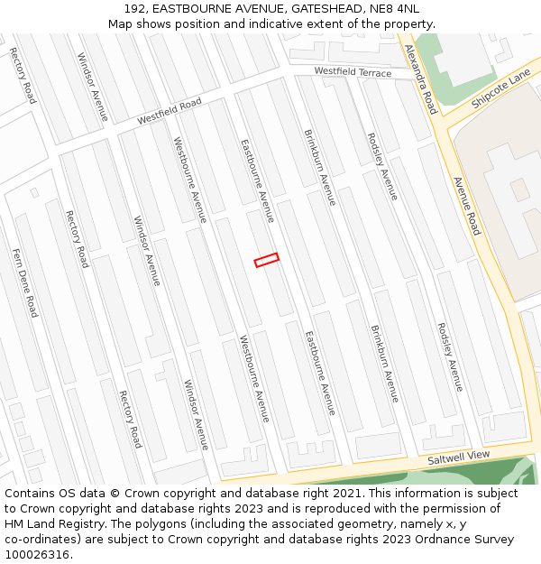 192, EASTBOURNE AVENUE, GATESHEAD, NE8 4NL: Location map and indicative extent of plot