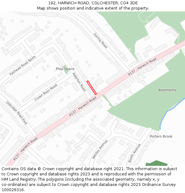 192, HARWICH ROAD, COLCHESTER, CO4 3DE: Location map and indicative extent of plot