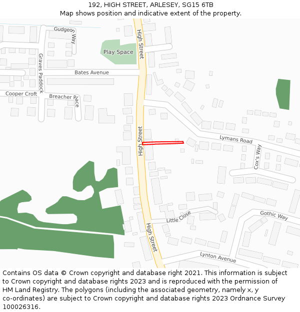 192, HIGH STREET, ARLESEY, SG15 6TB: Location map and indicative extent of plot