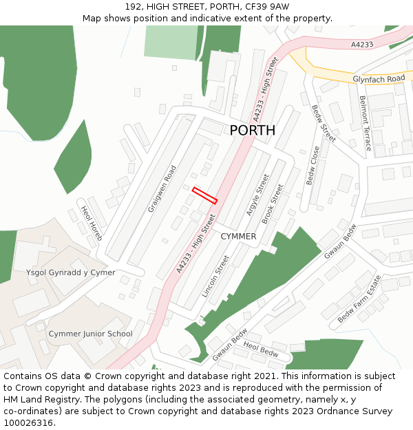 192, HIGH STREET, PORTH, CF39 9AW: Location map and indicative extent of plot