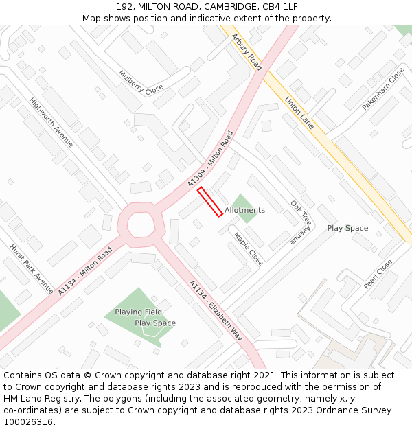 192, MILTON ROAD, CAMBRIDGE, CB4 1LF: Location map and indicative extent of plot