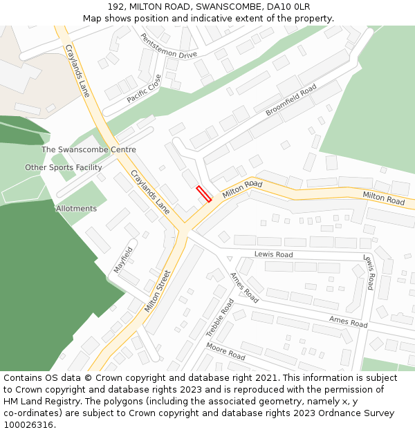 192, MILTON ROAD, SWANSCOMBE, DA10 0LR: Location map and indicative extent of plot