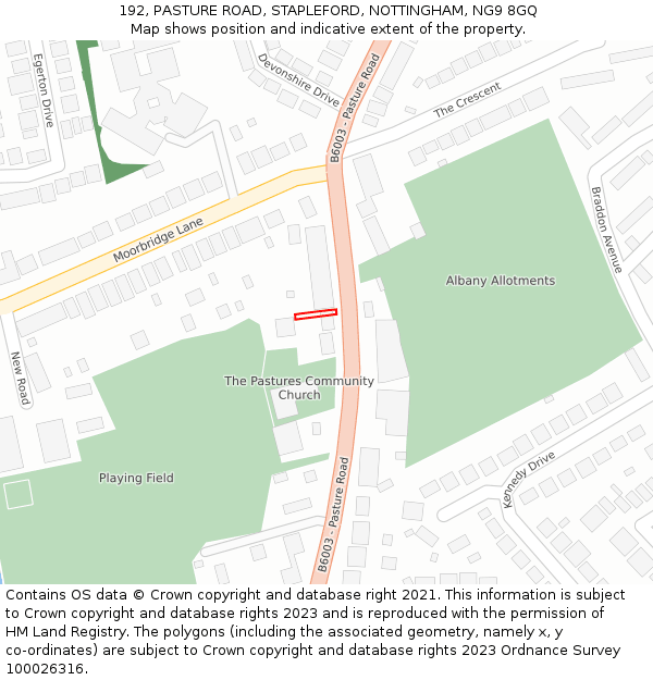 192, PASTURE ROAD, STAPLEFORD, NOTTINGHAM, NG9 8GQ: Location map and indicative extent of plot