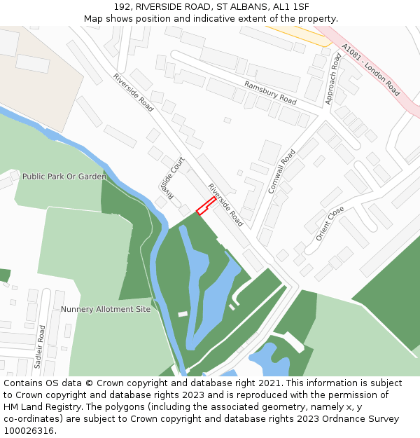 192, RIVERSIDE ROAD, ST ALBANS, AL1 1SF: Location map and indicative extent of plot