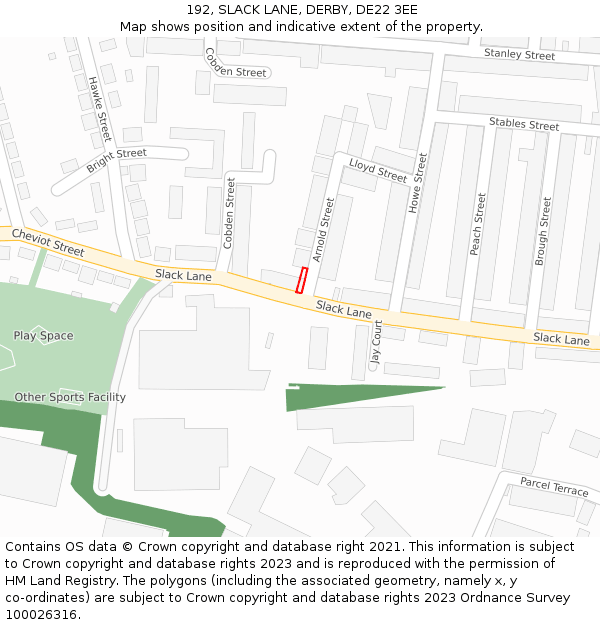 192, SLACK LANE, DERBY, DE22 3EE: Location map and indicative extent of plot