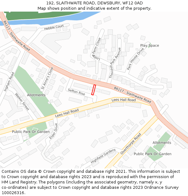 192, SLAITHWAITE ROAD, DEWSBURY, WF12 0AD: Location map and indicative extent of plot