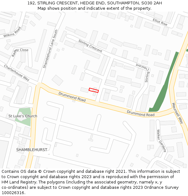 192, STIRLING CRESCENT, HEDGE END, SOUTHAMPTON, SO30 2AH: Location map and indicative extent of plot