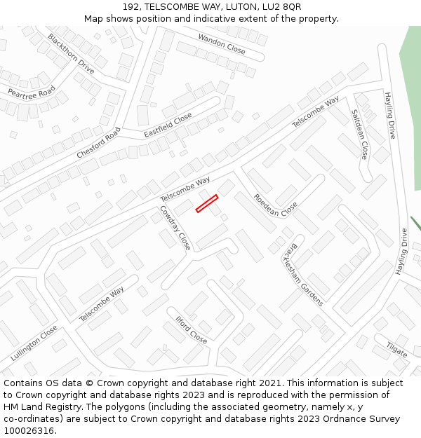 192, TELSCOMBE WAY, LUTON, LU2 8QR: Location map and indicative extent of plot