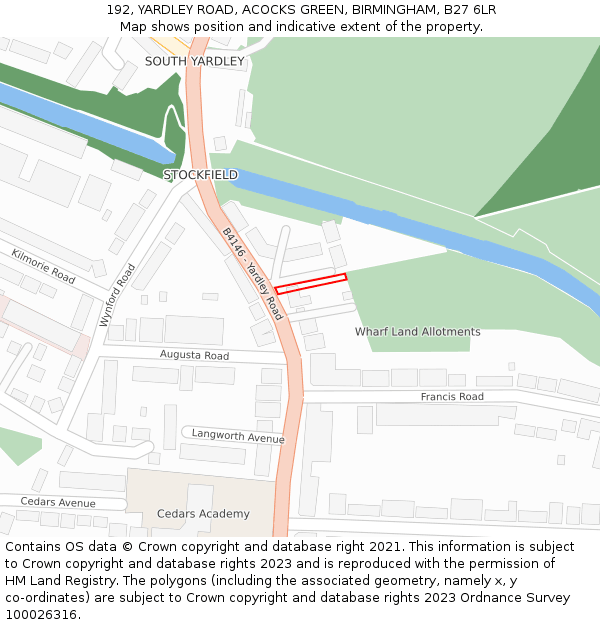 192, YARDLEY ROAD, ACOCKS GREEN, BIRMINGHAM, B27 6LR: Location map and indicative extent of plot