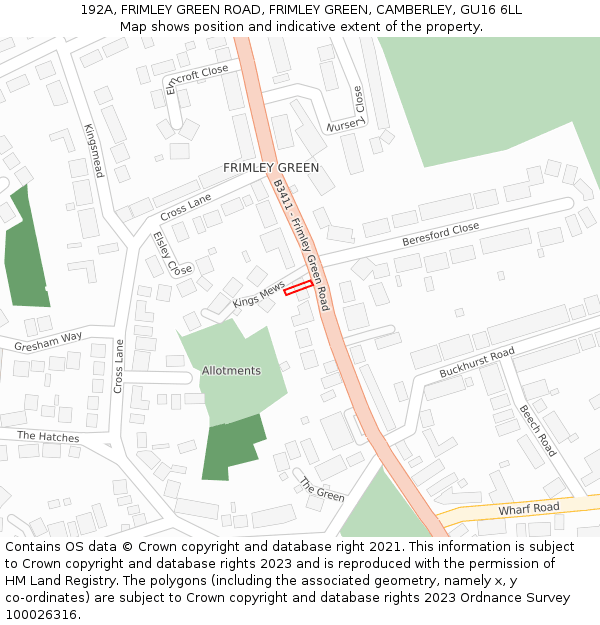 192A, FRIMLEY GREEN ROAD, FRIMLEY GREEN, CAMBERLEY, GU16 6LL: Location map and indicative extent of plot