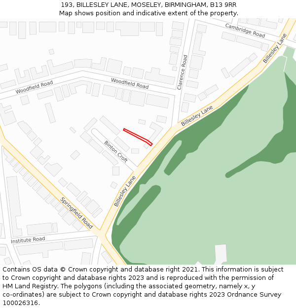 193, BILLESLEY LANE, MOSELEY, BIRMINGHAM, B13 9RR: Location map and indicative extent of plot