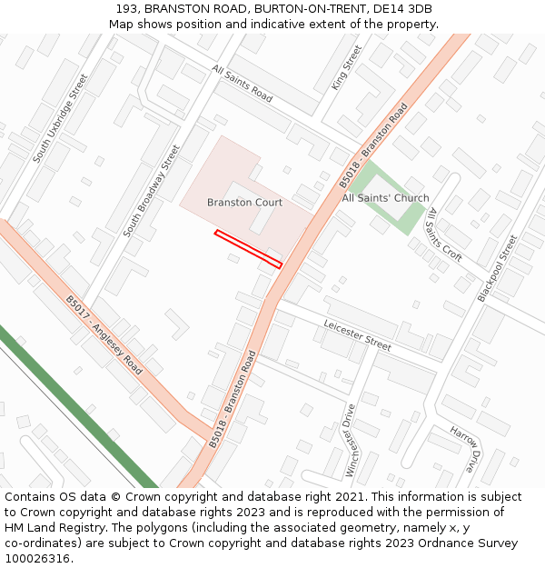 193, BRANSTON ROAD, BURTON-ON-TRENT, DE14 3DB: Location map and indicative extent of plot