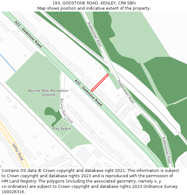 193, GODSTONE ROAD, KENLEY, CR8 5BN: Location map and indicative extent of plot
