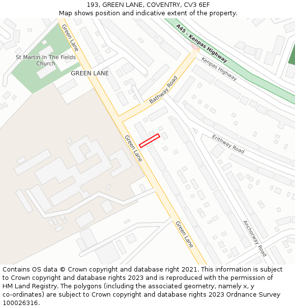 193, GREEN LANE, COVENTRY, CV3 6EF: Location map and indicative extent of plot