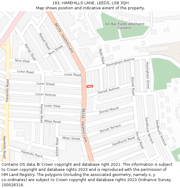 193, HAREHILLS LANE, LEEDS, LS8 3QH: Location map and indicative extent of plot