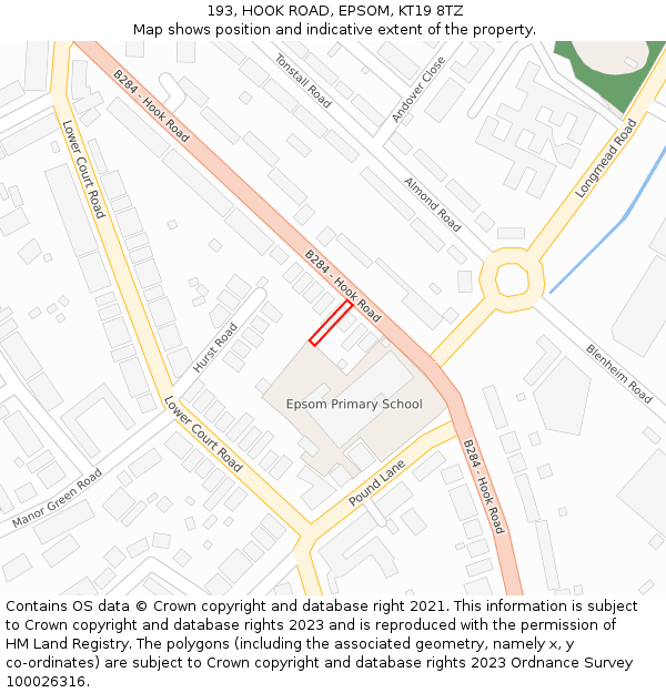 193, HOOK ROAD, EPSOM, KT19 8TZ: Location map and indicative extent of plot