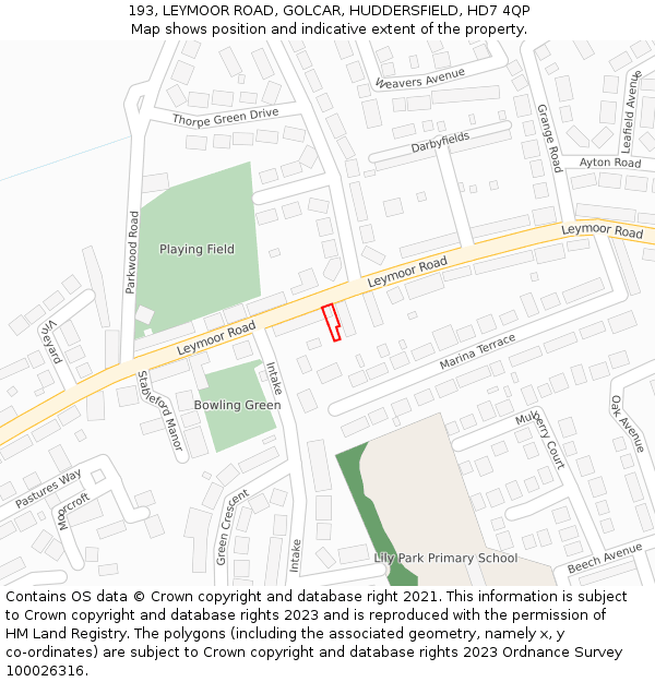 193, LEYMOOR ROAD, GOLCAR, HUDDERSFIELD, HD7 4QP: Location map and indicative extent of plot