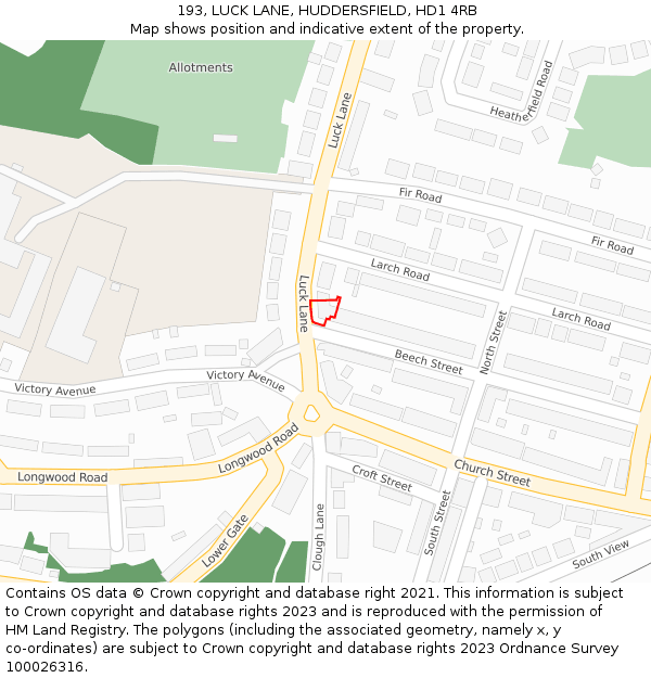 193, LUCK LANE, HUDDERSFIELD, HD1 4RB: Location map and indicative extent of plot