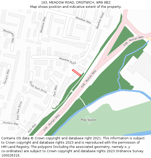 193, MEADOW ROAD, DROITWICH, WR9 9BZ: Location map and indicative extent of plot