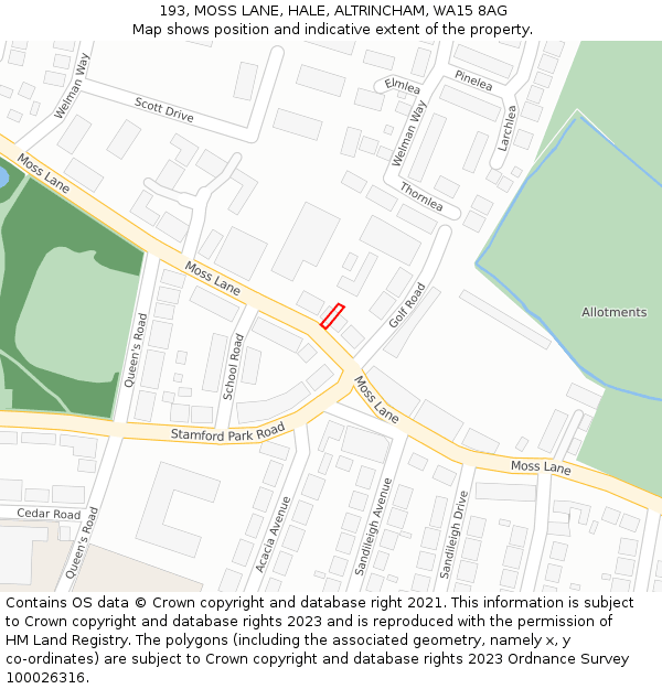 193, MOSS LANE, HALE, ALTRINCHAM, WA15 8AG: Location map and indicative extent of plot