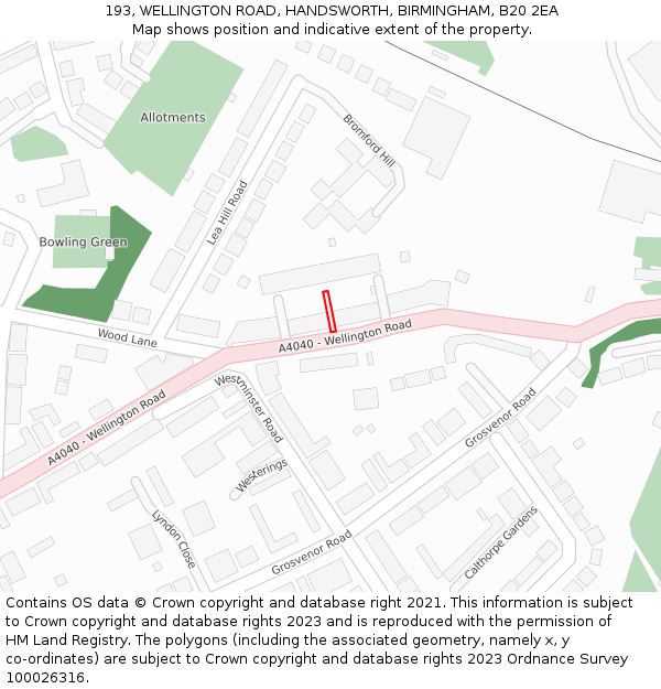 193, WELLINGTON ROAD, HANDSWORTH, BIRMINGHAM, B20 2EA: Location map and indicative extent of plot