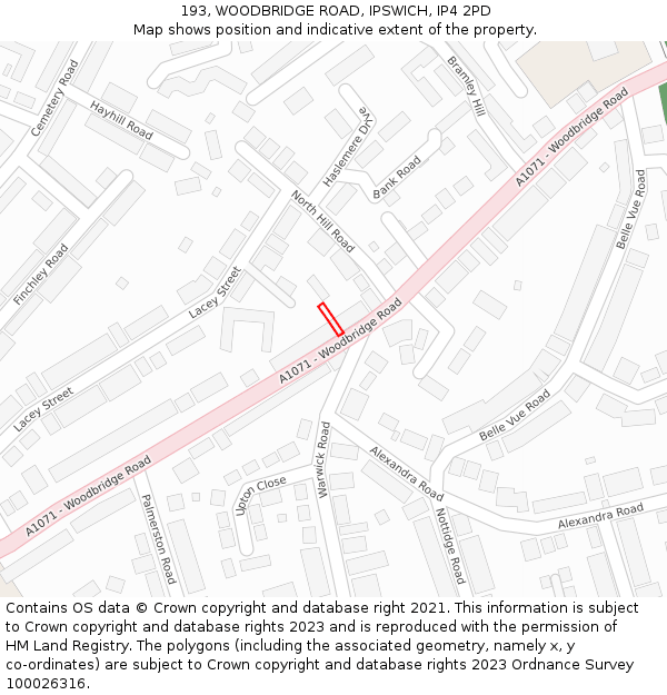 193, WOODBRIDGE ROAD, IPSWICH, IP4 2PD: Location map and indicative extent of plot
