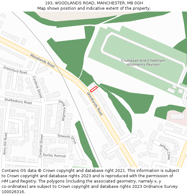 193, WOODLANDS ROAD, MANCHESTER, M8 0GH: Location map and indicative extent of plot