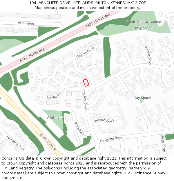 194, ARNCLIFFE DRIVE, HEELANDS, MILTON KEYNES, MK13 7QF: Location map and indicative extent of plot