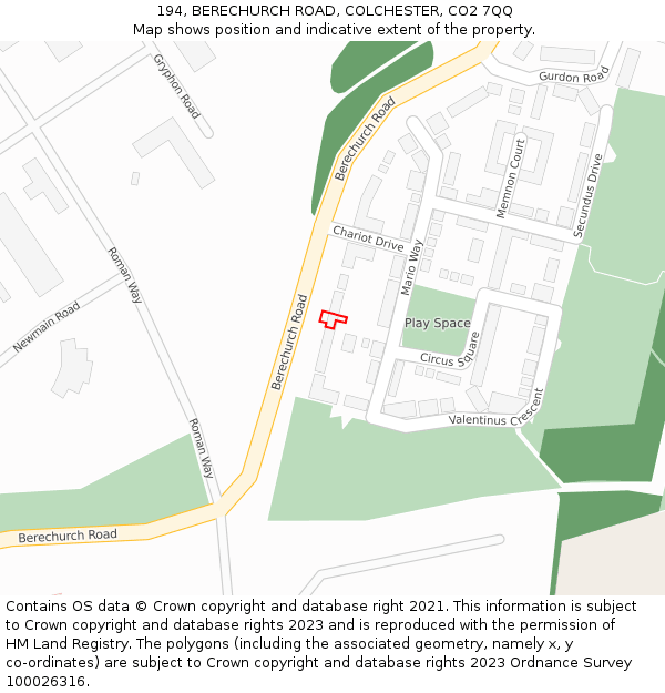 194, BERECHURCH ROAD, COLCHESTER, CO2 7QQ: Location map and indicative extent of plot
