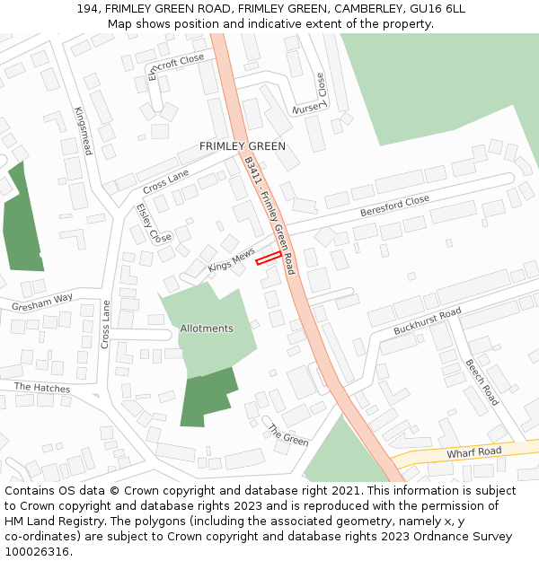 194, FRIMLEY GREEN ROAD, FRIMLEY GREEN, CAMBERLEY, GU16 6LL: Location map and indicative extent of plot