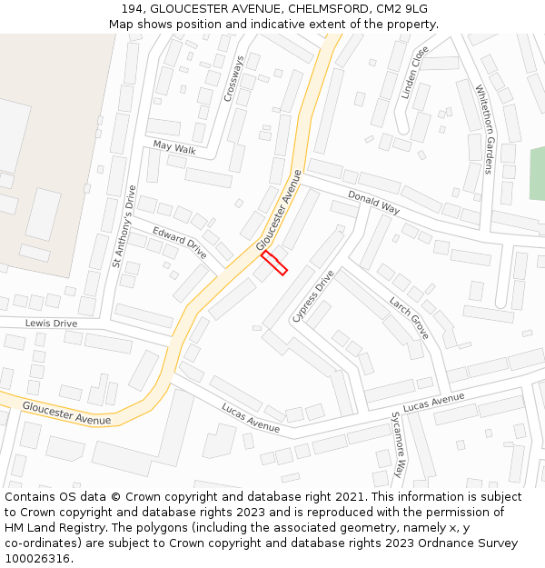 194, GLOUCESTER AVENUE, CHELMSFORD, CM2 9LG: Location map and indicative extent of plot