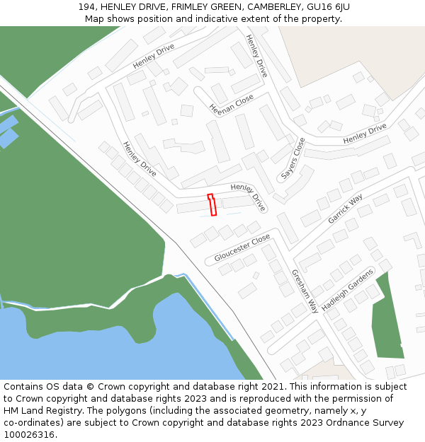 194, HENLEY DRIVE, FRIMLEY GREEN, CAMBERLEY, GU16 6JU: Location map and indicative extent of plot
