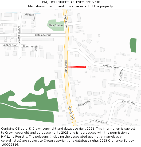 194, HIGH STREET, ARLESEY, SG15 6TB: Location map and indicative extent of plot