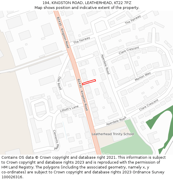 194, KINGSTON ROAD, LEATHERHEAD, KT22 7PZ: Location map and indicative extent of plot