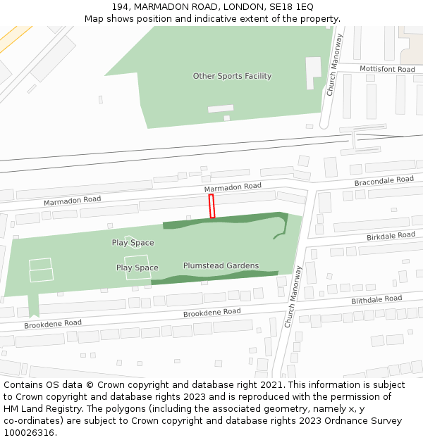 194, MARMADON ROAD, LONDON, SE18 1EQ: Location map and indicative extent of plot