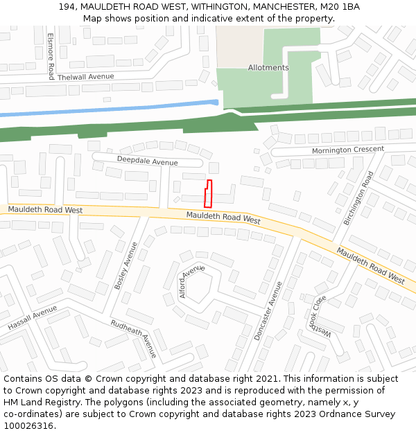 194, MAULDETH ROAD WEST, WITHINGTON, MANCHESTER, M20 1BA: Location map and indicative extent of plot