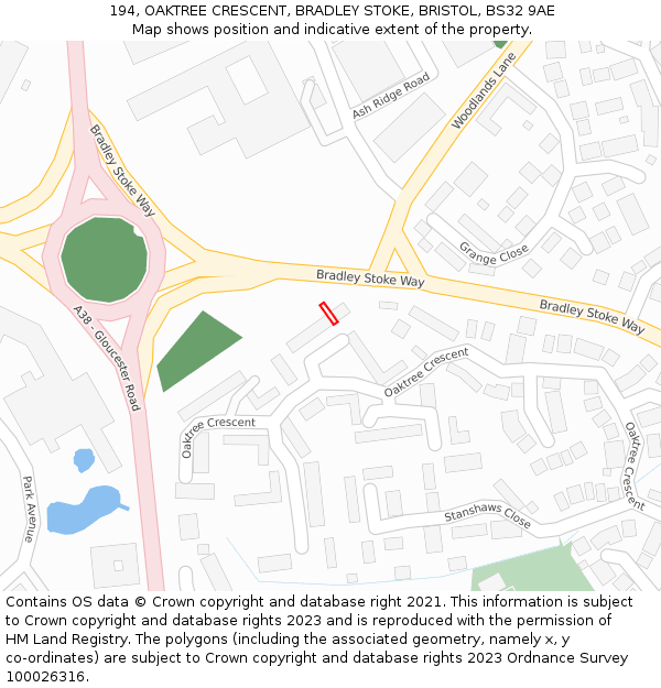 194, OAKTREE CRESCENT, BRADLEY STOKE, BRISTOL, BS32 9AE: Location map and indicative extent of plot