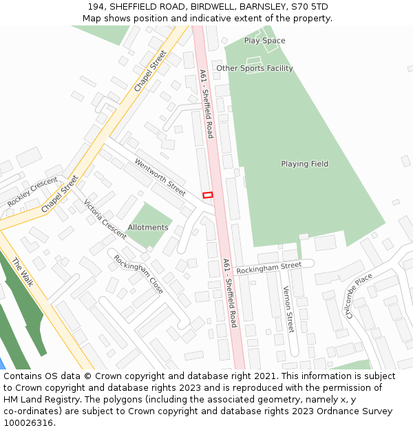 194, SHEFFIELD ROAD, BIRDWELL, BARNSLEY, S70 5TD: Location map and indicative extent of plot