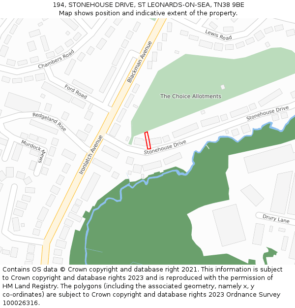 194, STONEHOUSE DRIVE, ST LEONARDS-ON-SEA, TN38 9BE: Location map and indicative extent of plot
